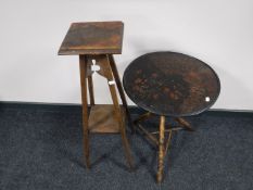 A Japanned bamboo occasional table and an oak plant stand