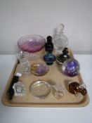 A tray of assorted glassware including perfume bottles, paperweights,