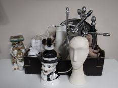 A box containing an enamelled jug and basin, juicers, nodding dog figure,