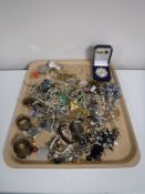 A tray containing sterling silver napkin ring, cased rugby medal,