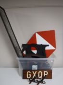 A box of coat room hooks, metal HSBC sign, carved Eastern stool,