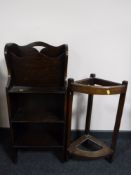 An oak magazine bookshelf and an oak corner stick stand