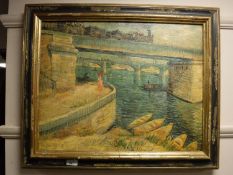 An Artagraph Edition : Rowing boats under a bridge, framed.