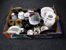 A box of assorted china, including pottery vases commemorative mugs, pewter tankards,