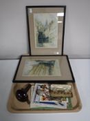 Two framed colour prints 'Scenes of Newcastle', together with a plated mustard and berry spoon,