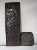Two carved hardwood panels, a gilt framed religious print,