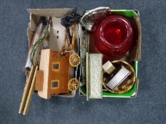 Two boxes of bamboo handled parasol, bellows, wooden caravan, brass ware,