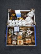 Two boxes of cottage ware, Osborne tea china, die cast vehicles,