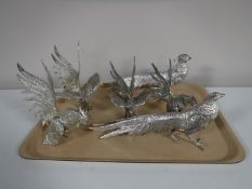 A tray containing six metal pheasant and cockerel table ornaments