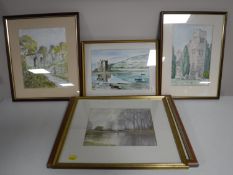 Five framed watercolours, including a Joe Hush 'View of Lindisfarne',