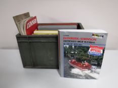 A crate containing vintage vehicle manuals, including Riley 2.