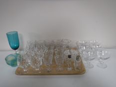 A tray of assorted glass ware including lead crystal brandy glasses, lidded powder bowl,