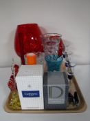 A tray of assorted glass ware including Dartington crystal paperweight, glass animals,