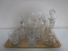 A tray of antique glass ware including twist stem wine glasses, whiskey tumblers,