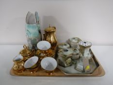 A tray of Italian vase depicting fish, fifteen piece gilt coffee service,