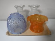 A tray of four antique glass oil lamp shades CONDITION REPORT: Good condition.