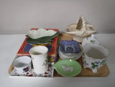 A tray of boxed mid 20th century dolls tea set, Carlton Ware dishes, Crown Ducal basket,