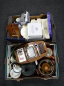 Two boxes of Ringtons china including caddies and mugs, chess pieces, rose pottery planter,