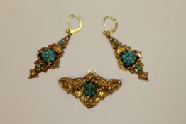 A pair of antique 14ct gold turquoise earrings and matching brooch CONDITION REPORT: