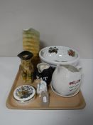 A tray containing Portmeirion bowl, Bells whiskey jug, Royal Doulton figure, 'Lets Play', HN3397,