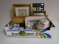 A box of assorted pictures and prints, glass ware, blue and white soup bowls, vases,