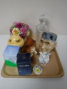 A tray containing china flower posies, Melba ware Corgi dog, Aynsley Orchard Gold lidded pot,