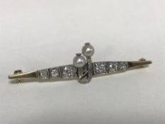 An 18ct gold old-cut diamond and pearl bar brooch