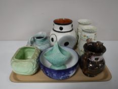 A tray containing a copper lustre jug, a Royal Doulton Willow fruit bowl,