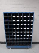 An industrial metal pigeon hole trolley