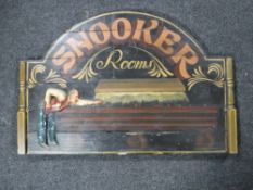 A wooden snooker rooms sign