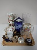 A tray of antique glass vase, liqueur glasses, blue and white Delft style tea pot and jug,
