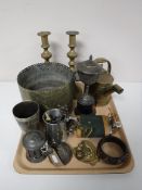 A tray containing plated ware, brass candle sticks, brass watering can, hip flask,
