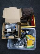 Two boxes containing joinery tools and a garden watering kit