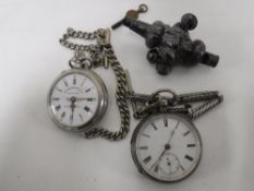 A silver open faced pocket watch with Albert chain,