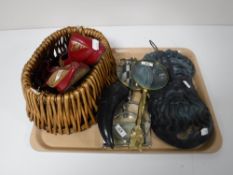 A tray containing a metal wall plaque, Neptune, magnifying glasses, vintage leather shoes,