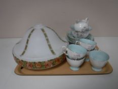 A tray of Art Deco light shade and eighteen pieces of Tuscan Glendale bone china
