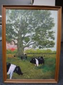 A framed oil on canvas, pigs in a field by J.