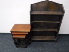 Set oak open bookshelves, nest of tables, five way plated candelabra,