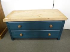 A reclaimed painted pine two drawer low table,