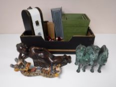 A box of wooden planters, pair of modern bronze Chinese horses,