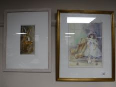 A framed Penny Ward watercolour, Rosie with bear,