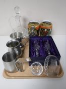 A tray of Japanese Satsuma vases, etched glass claret jug, boxed Royal Crystal champagne flutes,