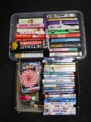 Four boxes of CDs, DVDs, reference books, dictionaries,