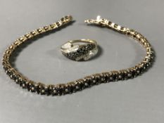 A black diamond set ring and bracelet, 13.3g.