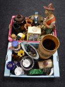 Two boxes of West German vase, stone hot water bottles, figures, china table lamp,