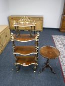 A mahogany gilded four tier what not stand and a mahogany wine table