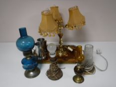 A twin handled serving tray together with a brass three-way table lamp, two tankards,
