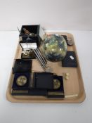 A tray containing assorted pens including Sheaffer, boxed sporting medals, hand painted ostrich egg,