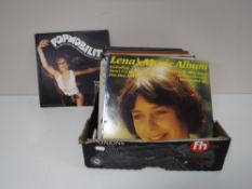 A box containing LP's, including Sinatra, easy listening,