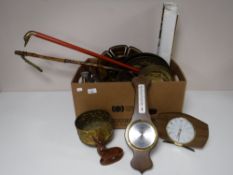 A box containing copper ware, a bamboo handled litter picker, a barometer, seventies wall clock,